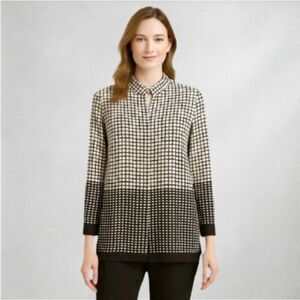 Misook Womens Cardigan L Geometric Print Brown   White Open Front